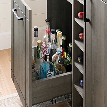 Amazon.com: South Shore Vietti Bar Cabinet with Bottle and Glass Storage, Gray Maple: Home & Kitchen Alcohol Cabinet, Dry Bar Ideas, Alcohol Storage, Bar Nook, Liquor Storage, Home Wet Bar, Beverage Station, Home Bar Cabinet, Home Bar Rooms