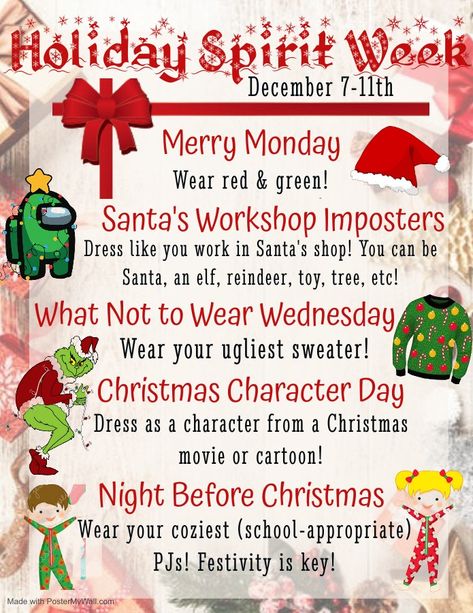 Holiday Giving Back Ideas, Preschool Spirit Days, Holiday Dance Theme, Christmas Work Ideas 12 Days Of, Preschool Class Party Games, Christmas Work Spirit Week, December Spirit Days, Christmas Work Week Ideas, Christmas Themed Fundraisers