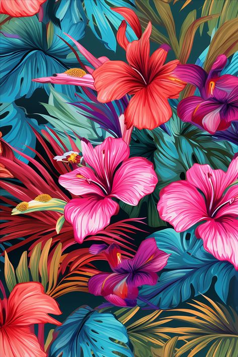 Tropical Garden Wallpaper, Tropical Flowers Background, Painted Tropical Flowers, Tropical Floral Design, Tropical Flower Art, Tropical Wallpaper Iphone Paradise, Bright Summer Wallpaper, Vintage Tropical Art, Tropical Flower Wallpaper