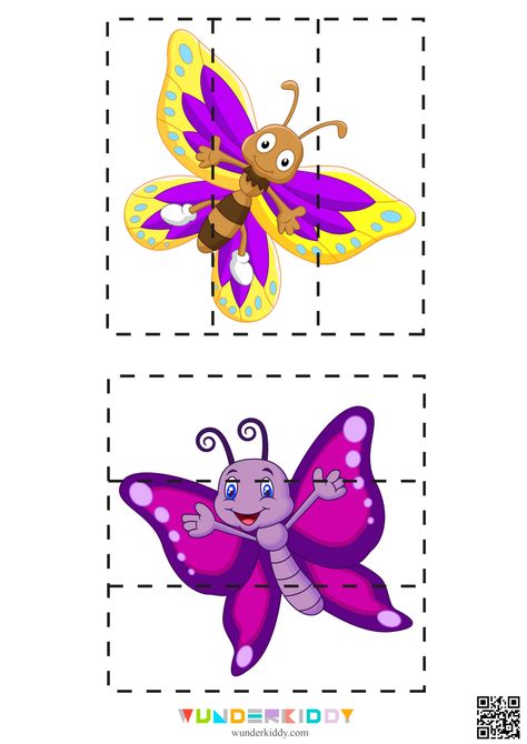 This puzzle for small children consists of two or three elements and develop children's imagination, logical thinking and fine motor skills. Print free colorful pictures, cut them along dot lines, and let a child put pieces together to get a picture of an insect. To make the task more complicated, you can mix pieces of all insects together. Children will like to do this puzzle from bright and cute insect pictures. Insect Pictures, Butterfly Puzzle, Activity For Kindergarten, Pictures Of Insects, Insects Theme, Printable Puzzles, Puzzles For Toddlers, Learning Materials, Color Sorting