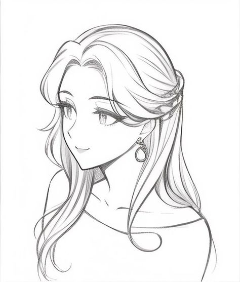 Princess Hair Drawing Reference, Hair Reference 3/4 View, Beautiful Hairstyles Drawing, Hairstyles Long Hair Drawing, Drawing Reference Hairstyles, Long Hair Anime Reference, Oc Drawing Base With Hair, Hair Refrence Girl Drawing, Hairstyle Sketches Girl