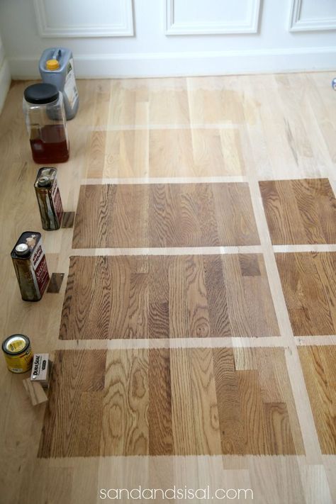 Choosing Floor Stains: Top- bottom- 1) Waterborn clear coat  2) Polyurethane 3) DuraSeal Nutmeg Stain 4) Duraseal Provincial Stain 5) Minwax Weathered Oak. Note: DuraSeal Stains are by Minwax. Left side 80 grit sanded, right side 150 gril sanded. The level of sanding effects the stain appearance. Sanding And Staining Wood Floors, Sanded Hardwood Floors, Weathered Oak On White Oak, Stain Colors On White Oak, Duraseal Stain Colors White Oak, White Oak Floor Stain Colors, Stains On White Oak, Sanded Wood Floors, Minwax Weathered Oak