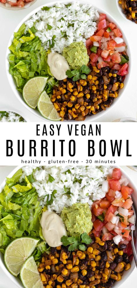 Spicy Black Beans, Vegan Burrito Bowl, Burrito Vegan, Burrito Bowl Recipe, Authentic Mexican Recipes, Vegan Burrito, Vegan Lunch Recipes, Lime Rice, Cilantro Lime Rice