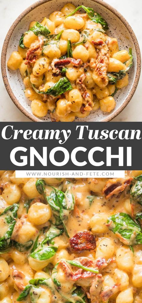 Try this recipe for a Tuscan-inspired gnocchi in cream sauce when you need an easy but full-flavored meal. It's got pillowy gnocchi, tender spinach, tangy sun-dried tomatoes, butter, and garlic. And you'll love that it's all made in one pan in about 15 minutes! Tuscan Gnocchi, Gnocchi Recipes Easy, Gnocchi Dishes, Gnocchi Recipes, Pasta Dinner Recipes, Sun Dried Tomatoes, Sun Dried, Gnocchi, Pasta Dishes