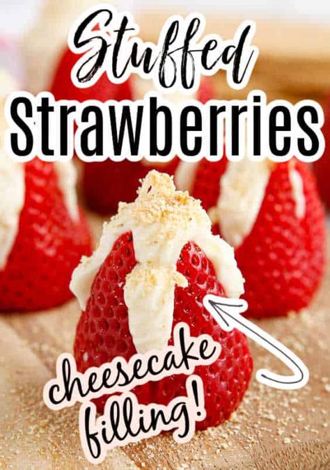 These filled strawberries are INCREDIBLE!! The creamy cheesecake filling is so easy to make and I'll have a hard time eating a plain strawberry again! #cheesecake #strawberries #filled #stuffed #recipe #easy Quick And Easy Cheesecake, Cheesecake Filled Strawberries, Cheesecake Stuffed Strawberries, Cheese Cake Filling, Strawberry Shortcake Cookies, Stuffed Strawberries, Strawberry Cheesecake Recipe, Dessert Oreo, Cake Filling