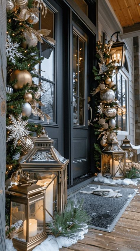 Front Door With Lanterns, Gold Christmas Porch Decor, Classy Outside Christmas Decor, Front Porch Christmas Decor Double Doors, Front Door Decor Lanterns, Front Door Embellishments, New Year Outdoor Decoration, Christmas Outdoor House Lights, Christmas Door Garland Ideas Entrance