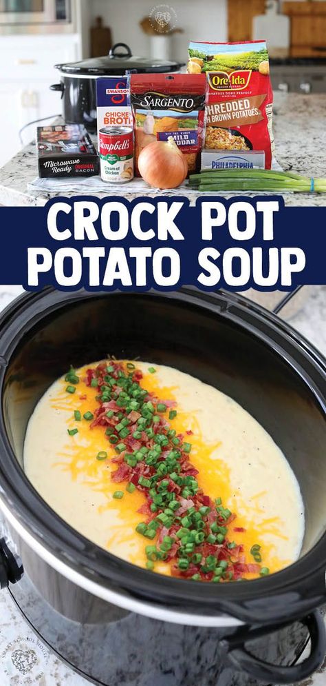 Crock Pot Potato Soup Recipe! It’s everything you love about a loaded baked potato made into a deliciously creamy soup. This slow-cooker soup is effortless to make and perfect for a chilly fall or winter evening. Crockpot Potato Soup Without Cream Cheese, Crockpot Baked Potato Soup Frozen Potatoes, Crock Pot Potato Soup With Frozen Potatoes, Crockpot Frozen Potato Soup, Crock Pot Ham And Potatoes Soup, Easy Potato Soup Crock Pot With Hashbrowns, Loaded Baked Potato Soup Crockpot Hashbrown, Slow Cooker Cream Of Potato Soup, Loaded Potato Soup Frozen Potatoes