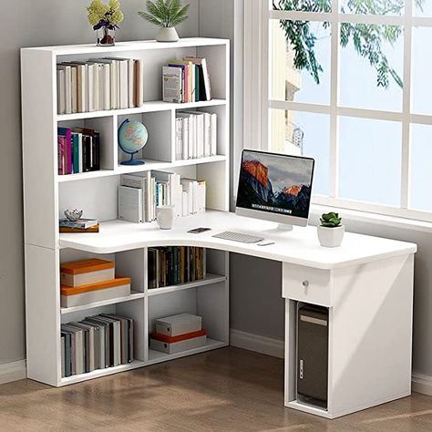 Desk With Bookshelves, Workspaces Design, Wood Corner Desk, Bookshelf White, Corner Writing Desk, Writers Desk, Desk Corner, Study Table Designs, Study Room Design