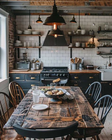 How to Blend Modern and Rustic with Industrial Farmhouse Decor • 333k+ Inspiring Lifestyle Ideas Rustic Kitchen Ideas, Metal Bistro Chairs, Industrial Farmhouse Decor, Coffee Decor Kitchen, Reclaimed Wood Coffee Table, Rustic Home Design, Lifestyle Ideas, Industrial Farmhouse, Industrial Kitchen