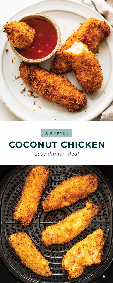 The whole family will love these oh so crispy coconut chicken tenders in the air fryer. You won't believe they're not deep fried! Crispy Coconut Chicken, Coconut Crusted Chicken Tenders, Air Fried Chicken Tenders, Coconut Chicken Tenders, Coconut Crusted Chicken, Homemade Chicken Tenders, Air Fryer Chicken Tenders, Fried Chicken Tenders, Crispy Chicken Tenders