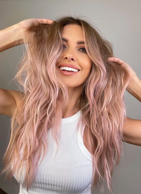 Blonde With Pastel Peekaboo, Rose Balayage Blonde, Blond With Pink Hair, Cutie Bits Hair, Rose Pink Balayage, Fall Pink Hair, Light Pink Underneath Hair, Fun Balayage Hair, Pink Tinted Hair