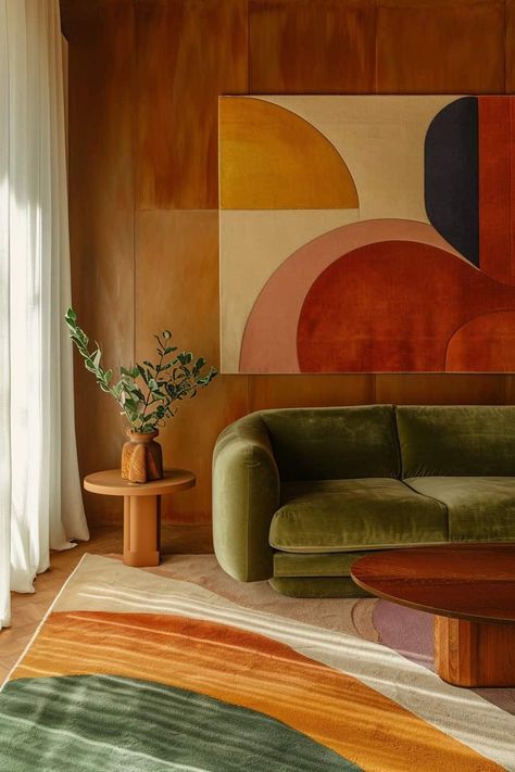 15 Tips for Creating a 70s Inspired Living Room | Green Snooze Living Room Inspiration Green, Green Living Room Paint Colors, Living Room Ideas Dark, Green Living Room Walls, Dark Living Room Decor, Green Living Room Color Scheme, 70s Inspired Living Room, Dark Living Room Ideas, 1970s Interior Design