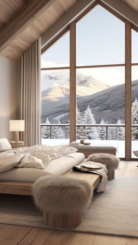 Mountain Chalet Interior Modern, Vaulted Bedroom Ideas, Modern Mountain House Interior Design, Mountain Modern Bedroom, Mountain Chalet Interior, Modern Chalet Interior, Chalet Aesthetic, Swiss Chalet Interior, Aspen Bedroom