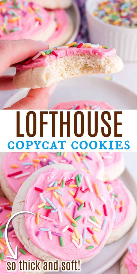 Soft Sugar Cookies With Frosting, Gluten Free Lofthouse Sugar Cookies, Best Iced Cookie Recipe, Pink Frosting Cookies, Pink Frosted Cookies, Copycat Lofthouse Cookies, Copycat Walmart Sugar Cookies, Soft Batch Sugar Cookies, Homemade Sugar Cookies With Icing