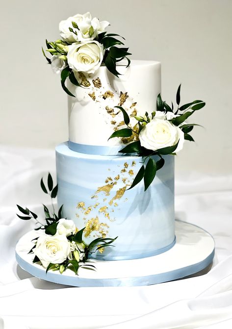 Wedding Cake Ideas Dusty Blue, Small Dusty Blue Wedding Cake, 2 Tier Wedding Cake Blue And White, Dusty Blue 2 Tier Wedding Cake, Blue Wedding Cake 2 Tier, Steel Blue Wedding Cake, Dusky Blue Wedding Cake, White And Light Blue Wedding Cake, Blue 2 Tier Cake