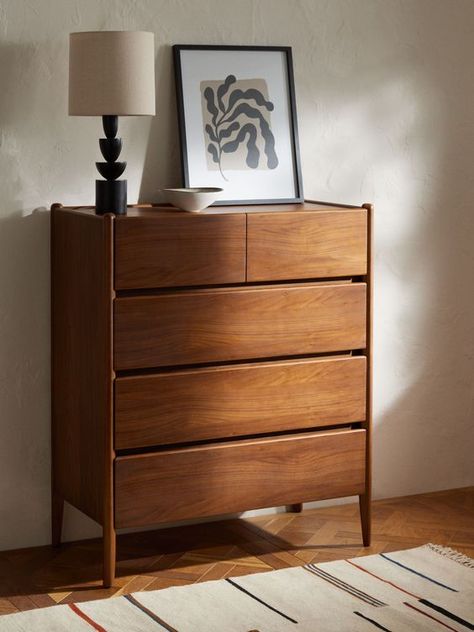 Absolutely beautiful. Highly recommended. Ikea Malm Mid Century Hack, Mid Century Modern Chest Of Drawers, Mid Century Scandinavian Bedroom, Drawer Top Decor, Bedroom Walnut Furniture, Mid Century Bedside Table, Walnut Interior Design, Minimalist Bedroom Dresser, Mid Century Style Bedroom