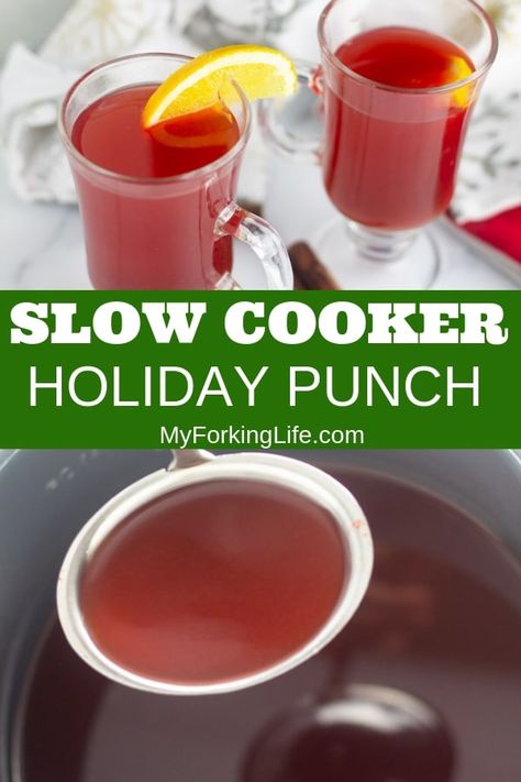 ”This Slow Cooker (Instant Pot) Hot Holiday Punch is the perfect warm drink for the cold weather this Holiday season. The cinnamon candy and cinnamon sticks give this warm punch a nice touch of spice. Make it non-alcoholic or add a bit for the grown-ups. #myforkinglife #crhistmasrecipe #holdiayrecipes #newyears #instantpot #slowcooker” Warm Christmas Drinks, Hot Christmas Drinks, Hot Alcoholic Drinks, Alcohol Punch, Crockpot Drinks, Christmas Drinks Nonalcoholic, Warm Holiday Drinks, Hot Drinks Recipes, Alcoholic Punch