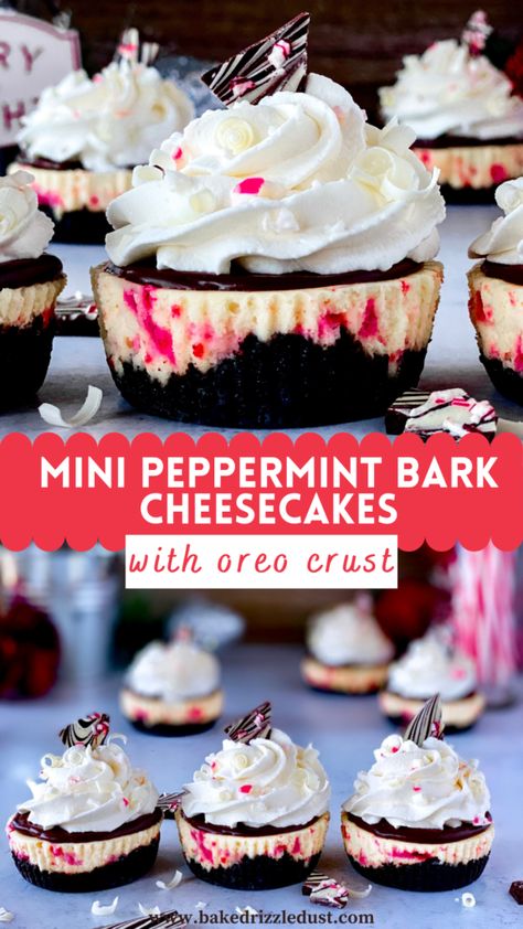 These mini peppermint bark cheesecakes have rich chocolate ganache, stabilized homemade whipped cream, beautiful white chocolate curls, and sit atop an Oreo crust. They are an irresistibly sweet and creamy dessert - perfectly festive for the holiday season! // Peppermint Bark // Oreo Crust Cheesecake // Homemade Whipped Cream // Mini Dessert Ideas // Christmas Cheesecake // Mini Dessert Ideas, Dessert Ideas Christmas, Peppermint Cheesecake Bars, White Chocolate Curls, Cheesecake Homemade, Peppermint Bark Cheesecake, Oreo Crust Cheesecake, Christmas Cheesecake, Peppermint Cheesecake