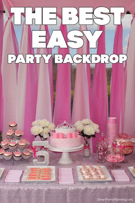 Easy Pink Party Decorations, How To Organize Party Decorations, Pink Diy Party Decorations, Using Plastic Tablecloths To Decorate, Diy Large Party Decor, Diy Backdrop Decorations, Diy Outside Party Decorations, Birthday Backdrop No Balloons, Quick Easy Backdrop Ideas