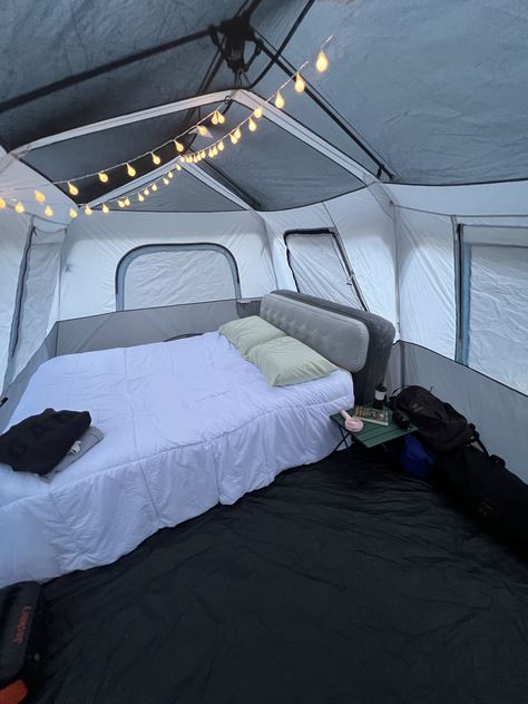 Tent setup Interior Tent Setup, Tent Inside House, Cozy Camping Aesthetic, Camp Set Up Ideas Campsite, Tent Set Up Ideas Inside, Tents Aesthetic, Aesthetic Tent, Tent Aesthetic, Festival Camping Setup