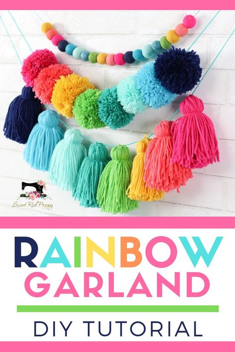 Learn how to create a yarn pompom, tassel and felt ball garland with this simple diy tutorial featuring supplies from Joann Craft and Fabric Stores.  Head to the blog for the full step-by-step photo and video tutorial.   This pin was made in partnership with Joann. #handmadewithjoann Arizona Party, Pompom Tassel, Diy Tassel Garland, Rainbow Garland, Yarn Balls, Fabric Stores, Ball Garland, Yarn Pom Pom, Pom Pom Crafts