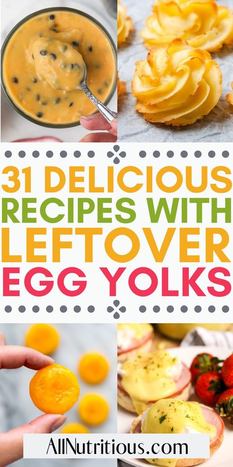 If you are wanting to create more recipes with egg yolks you need to try these incredibly easy egg yolk recipes. These sweet and savory egg yolk dishes are perfect to make when you have leftover egg yolks. The egg recipes include breakfast, desserts, appetizers and more! Recipes With Egg Yolks, Leftover Egg Yolks Recipes, Egg Yolk Recipe, Yolk Recipes, Egg Yolk Uses, Egg Yolk Recipes, Cured Egg Yolk, Healthy Deviled Eggs, Cured Egg