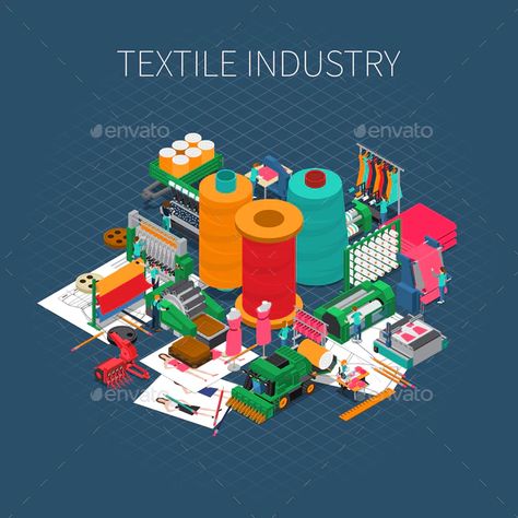 Isometric Textile Print Background by macrovector | GraphicRiver Sewing Factory, Textile Print, Industrial Sewing, Textile Company, Textile Industry, Printed Backgrounds, Organic Fabrics, Wave Pattern, Digital Marketing Services