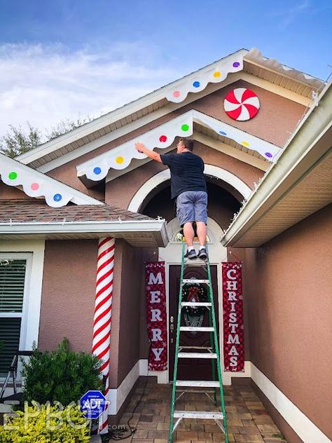 Turning Your House Into A Gingerbread House, How To Decorate Your House Like A Gingerbread House, Diy Outdoor Christmas Gingerbread House, Front Porch Gingerbread House, Decorating House Like Gingerbread House, Christmas Lights Outside Gingerbread House, Gingerbread House Walkway, Turn Home Into Gingerbread House, Make Your House Look Like A Gingerbread House