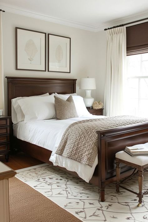 25 Captivating Brown and White Bedroom Ideas You'll Love Bedroom With Brown Headboard, Dark Wood And White Bedroom, Bedroom Ideas With Dark Wood Furniture, Dark Headboard Bedroom Decor, Bedroom Decor Dark Wood, Brown And White Bedroom Ideas, Brown And White Bedroom, Brown Wood Bedroom, Wood Furniture Bedroom Decor