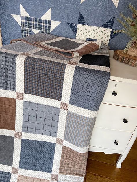 Finally . . . a flannel quilt for Brad – Carried Away Quilting Quilt Patterns Using Mens Shirts, Quilts Using Plaid Fabric, Masculine Quilt Patterns Men Simple, Men’s Dress Shirt Quilt, Men’s Shirt Quilt, Man Quilt Patterns, Quilts For Men Patterns, Flannel Quilt Patterns, Masculine Quilts