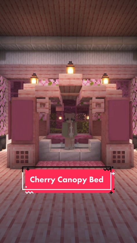 Minecraft Bed Canopy, Cherry Blossom Fishing Dock Minecraft, Canopy Minecraft, Minecraft Sakura House Interior, Pink Bed Minecraft, Pink Interior Minecraft, Cherry Bed Minecraft, Cherry Bedroom Minecraft, Minecraft Cherry Interior