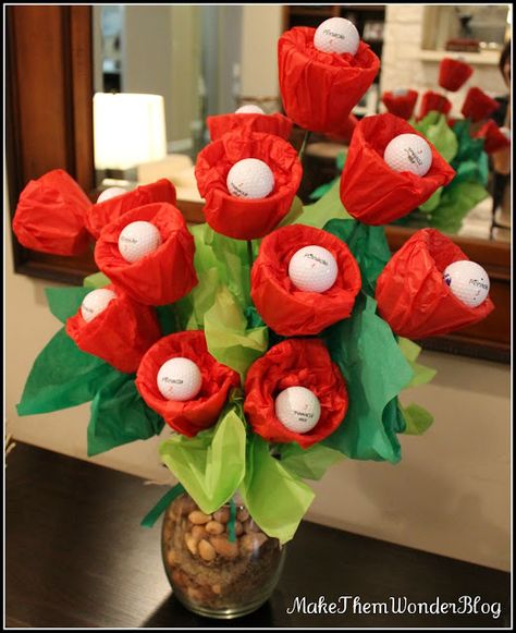 Golf Ball Flower Arrangement: How-to guide at MakeThemWonder Blog Golf Ball Flowers, Valentine's Bouquet, Golf Centerpieces, Golf Crafts, Ball Flowers, Golf Birthday Gifts, Golf Ball Displays, Golf Ball Gift, Golf Ball Crafts