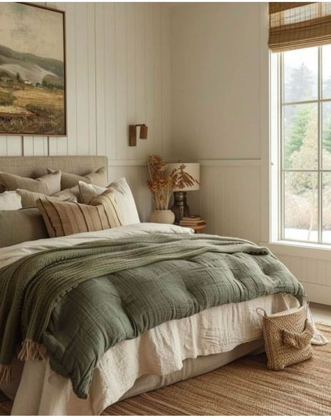 Earthy French Country, Elegant And Cozy Bedroom, Primary Bedroom Aesthetic, Nature Lover Home Decor, Stone Neutral Bedroom, Green Neutral Bedroom Ideas, Forest Green Guest Room, Organic Vintage Bedroom, Earthy Clean Aesthetic