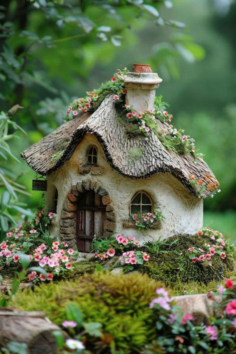 38 Charming Fairy Garden Ideas for Small Outdoor Areas Fairy House In Garden, Fairy Birdhouse Ideas, How To Build Fairy Houses, Tin Can Fairy House, Fairy House Design, A Frame Fairy House, Mini Fairy Village, Fairy Houses Ceramic, Christmas Fairy Houses Ideas