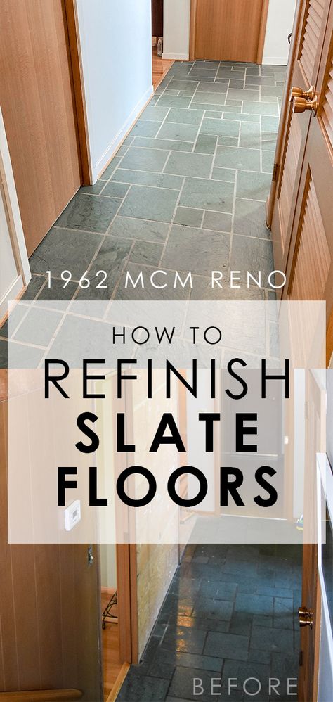 Stripping and refinishing jade green slate tiles in a mid century entryway. | EffieRow.com Green Slate Tile Floor, Mid Century Slate Floor, Green Tile Entryway, Refinish Slate Tile Floor, Green Slate Kitchen, Mcm Tile Floor, Mid Century Tile Floor, Mcm Entryway Ideas, Slate Entryway