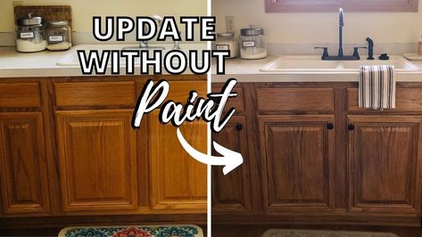 Updating A Kitchen With Oak Cabinets, Stain Cabinets Lighter, Neutral Kitchen With Oak Cabinets, Golden Wood Kitchen Cabinets, White Stain Kitchen Cabinets, Tile Flooring With Honey Oak Cabinets, Repaint Oak Kitchen Cabinets, Old Wood Kitchen Cabinets Makeover Before And After, Stain Oak Cabinets Dark