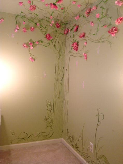 Fairy garden mural Fairy Garden Wall Mural, Fairy Mural Kids Rooms, Fairy Garden Wall Decor, Flower Bedroom Mural, Garden Fairy Bedroom, Flower Fairy Bedroom, Cute Painted Walls, Green Fairy Bedroom, Fairy Garden Mural