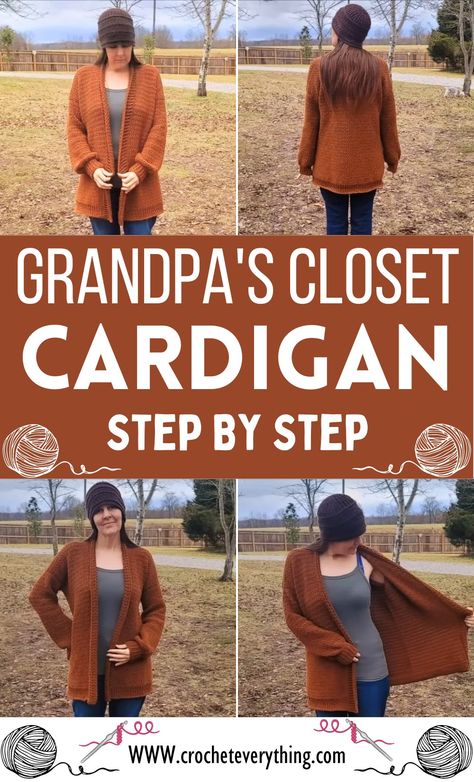 Crochet From Grandpa's Closet Cardigan Free Cardigan Pattern Crochet, Ladies Crochet Cardigan, Duster Cardigan Crochet Pattern, Grandpa Sweater Crochet Pattern, Quick Crochet Cardigan Pattern Free, Free Crochet Cardigan Patterns Easy, Granny Stitch Cardigan Pattern Free, Top Down Crochet Cardigan Pattern Free, Ladies Crochet Cardigan Pattern Free