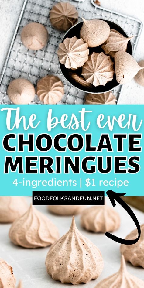 These Chocolate Meringue Cookies are crispy on the outside and chewy on the inside. These airy meringue kisses blissfully melt in your mouth. via @foodfolksandfun Chocolate Meringue Cookies Recipe, Merangue Recipe Cookies, Cookie Meringue, Easy Meringue Cookies, Meringue Cookies Recipe, Chocolate Meringue Cookies, Coffee Fudge, Easy Meringues, Meringue Cookie