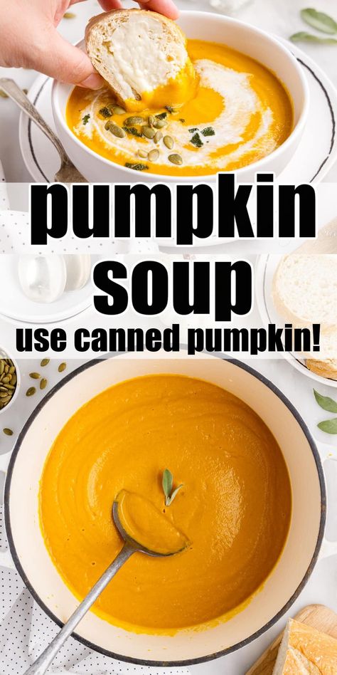 Pumpkin Soup With Canned Pumpkin, Easy Pumpkin Soup Recipe, Easy Pumpkin Soup, Pumpkin Soup Recipe Easy, Pumpkin Soup Healthy, Pumpkin Bisque, Canned Pumpkin Recipes, Vegan Pumpkin Soup, Creamy Pumpkin Soup