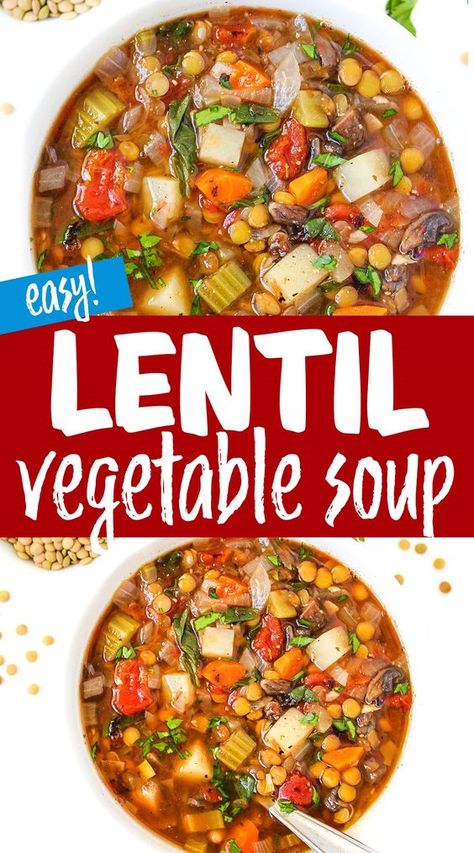 Lentil Vegetable Soup (Easy!) Veggie Lentil Soup Crock Pot, Jewish Lentil Soup Recipe, Vegetable Lentil Soup Recipe Crockpot, Italian Vegetable Lentil Soup, Vegetable Soup Lentil, Easy Lentil Vegetable Soup, Veg Lentil Soup Recipes, Lentil Soup With Vegetables, Vegetable Lentil Soup Crockpot