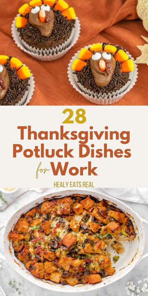 A collage displaying the text "28 Thanksgiving Potluck Dishes for Work" alongside images of turkey-themed desserts and a baked vegetable dish. Thanksgiving Breakfast Potluck Ideas, Autumn Potluck Dishes, Thanksgiving Work Party Food, Thanksgiving Potluck Recipes For Work, What To Bring To A Work Potluck, Thanksgiving Luncheon Ideas For Work, Potluck Work Ideas, Thanksgiving Carry In Ideas For Work, Staff Potluck Ideas