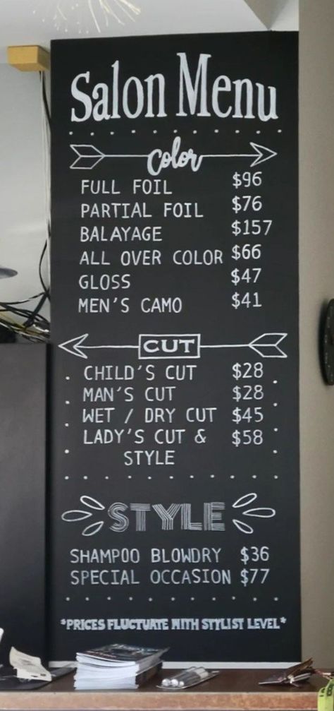 Chalkboard Price Signs, Hair Salon Signs, Hair Salon Chalkboard Ideas, Salon Chalkboard Ideas, Price Board, Chalk Menu, Kids Hair Salon, Salon Price List, Small Chalkboard