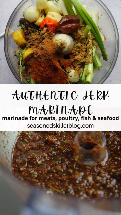 This homemade Jerk Marinade is bursting with Jamaican flavour, you'll never go store-bought again! This classic all-purpose marinade is loaded with aromatics, fresh ingredients, a delicious spice blend, and scotch bonnet pepper for a kick of heat. Use jerk marinade on poultry, meats, fish, seafood, vegetables or in pasta, the options are endless! Jerk Marinade Recipes, Jerk Mushrooms, Jerk Seasoning Recipe, Jerk Chicken Marinade, Jamaican Jerk Sauce, Jerk Recipe, Jerk Sauce, Jerk Marinade, Jerk Chicken Recipe