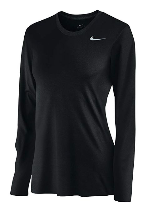 Nike Women's Dri-Fit Legend Long Sleeve T-Shirt Dri-FIT fabric wicks moisture away. Ideal for a variety of training conditions. Neck tape added for durability and comfort. Swoosh at upper left chest. 100% polyester. Imported. Women's Sizes: S - 2XL. Colors: Black, White, Heather, Navy, Scarlet, Green, Blue, Royal, Purple, Maroon, Shy Pink, Dark Maroon, Team Crimson, Sundown, Team Gold, Desert Orange, University Orange. Nike Long Sleeve Shirt, Sportswear Outfits, Nike Long Sleeve, Nike Womens, Sporty Outfits, Nike Shirts, Nike Outfits, Fitness Workout, Black Nikes