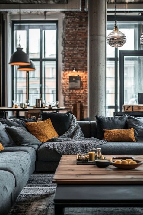 Transform your living room with an industrial chic vibe by incorporating exposed brick walls, metal accents, and reclaimed wood furniture. Add a leather sofa and oversized lighting fixtures like Edison bulbs or metal chandeliers to complete the urban, edgy look. 🛋️🛠️ Bright Industrial Living Room, Brick Wall Interior Living Room, Exposed Brick Living Room, Exposed Brick Accent Wall, Oversized Lighting, Industrial Chic Living Room, Brick Living Room, Industrial Living Room, Brick Accent Wall