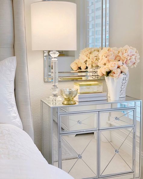 Mirrored nightstands @thedecordiet Glam bedroom Bedroom inspiration White bedding Mirror Pottery Barn, Mirror Pottery, Bedroom Dresser Mirror, Mirrored Bedroom Furniture, Farmhouse Glam, Glam Bedroom, Bedroom Dresser, Dresser Mirror, Night Stands