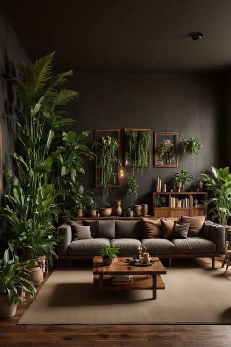 25 Moody Boho Living Room Ideas – The Crafty Hacks Eclectic Wainscoting, Jungle Style Living Room, Black Earthy Living Room, Boho Jungle Living Room, Moody Boho Office, Moody Dark Living Room, Green Moody Living Room, Dark Green Walls Living Room, Plant Living Room Aesthetic