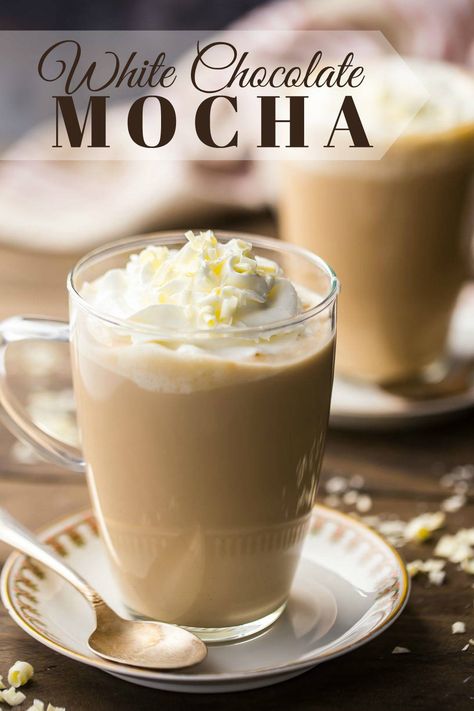 White Chocolate Mocha: such a yummy winter drink! I make this when I want to treat myself. #whitechocolate #mocha #starbucks #recipe #iced #DIY #coffee #frappuccino #keurig #hot #espresso #homemade #latte #howtomake #frappe #desserts #whippedcream #drinks #glutenfree #treats #food #sweets #milk #mornings #baking #christmas #winter #bakingamoment White Chocolate Mocha Recipe, Ninja Coffee Bar Recipes, Mocha Latte Recipe, Iced White Chocolate Mocha, Hot Coffee Drinks, Nespresso Recipes, Espresso Martinis, Espresso Recipes, Mocha Recipe