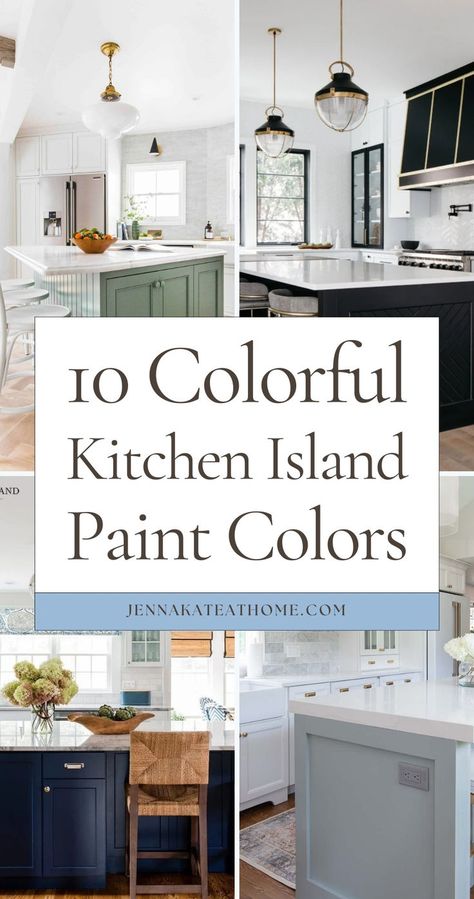 Looking for kitchen island paint colors ideas in 2024? Try these modern options that include green and blue, perfect for adding contrast in a white kitchen. These coastal kitchen island paint colors bring a fresh vibe. Get inspiration from these paint color options for your painted kitchen island! White Kitchen Painted Island, Painted Island Kitchen, Kitchen Island Color Ideas, Island Color Ideas, Kitchen Island Paint Colors, Island Paint Colors, Brown And Blue Kitchen, Colorful Kitchen Island, Coastal Kitchen Island